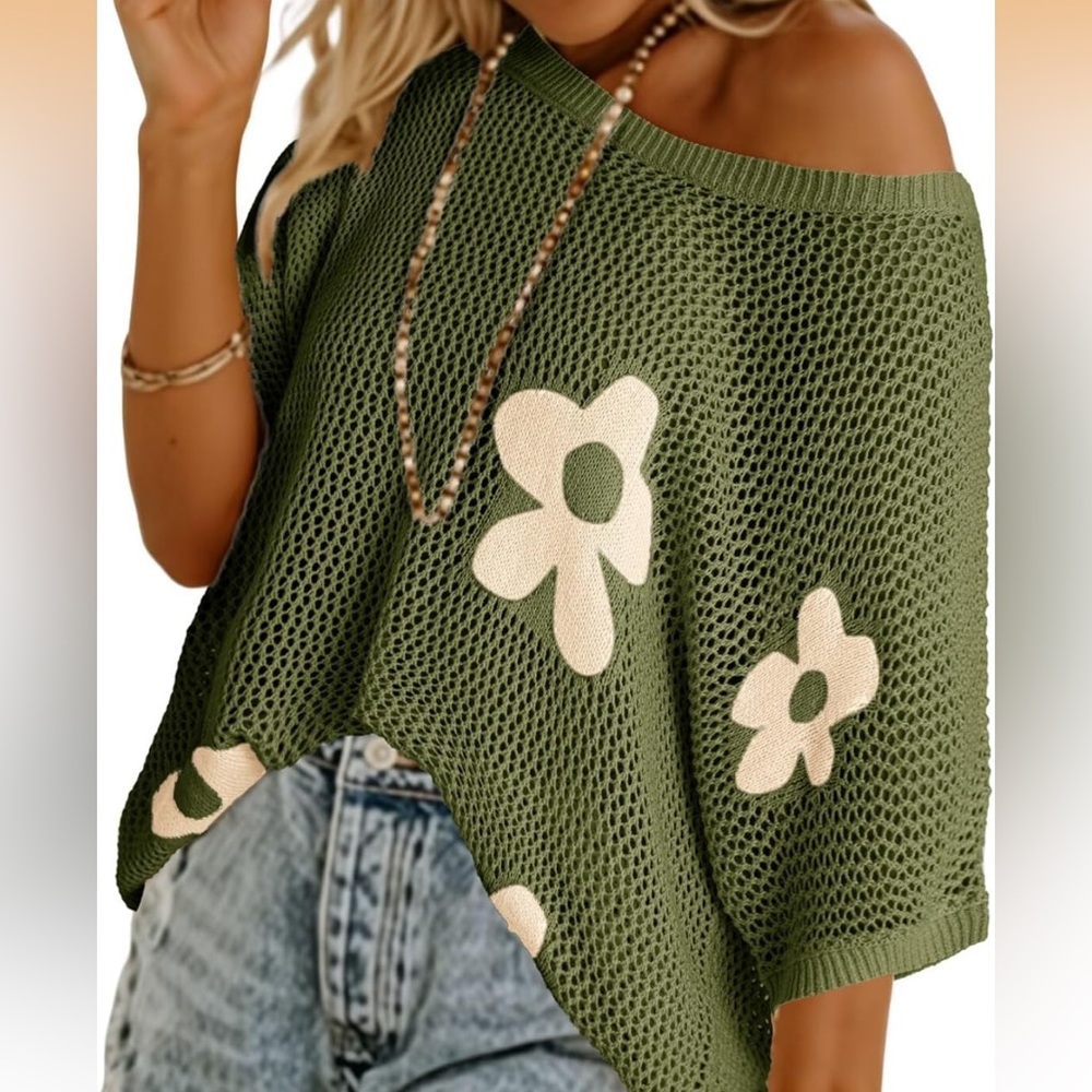 Olive Green Floral Mesh Off-Shoulder Sweater
